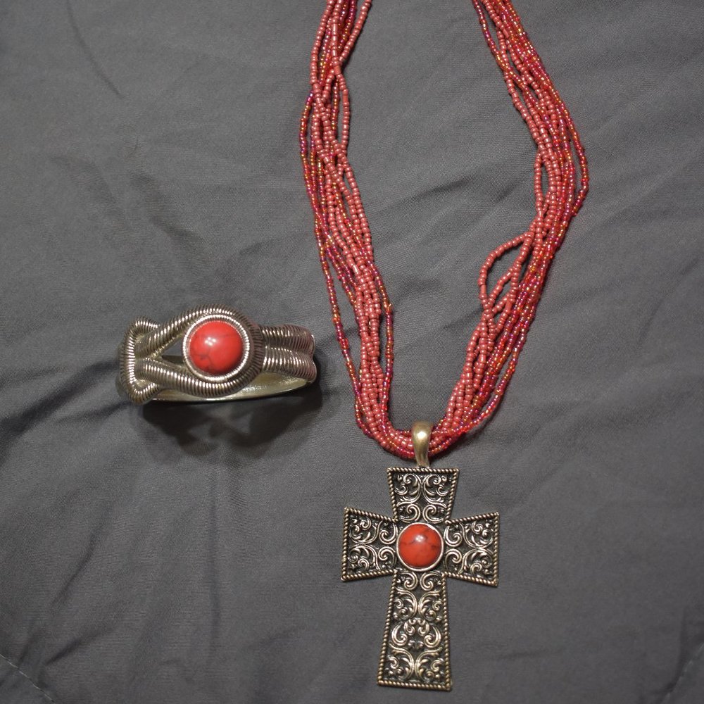 Red cross necklace and bracelet set